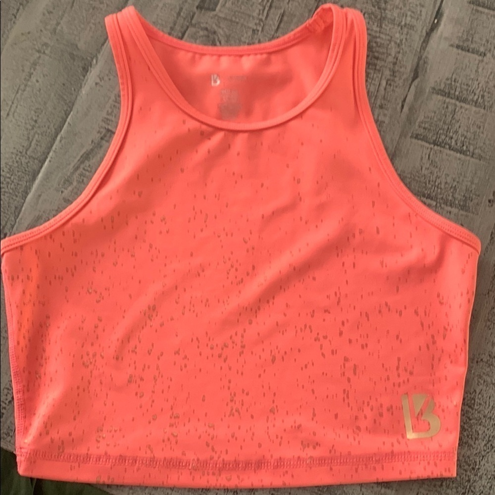 BuffBunny Medium Pink Coral Specked Gold Tank Bra Top, EUC,